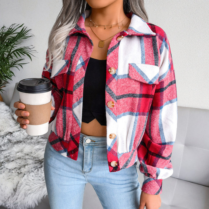 Plaid Lapel Cropped Jacket Fashion Loose Button Long Sleeve Short Outwear Tops Coat For Womens Clothing-Jackets-Zishirts