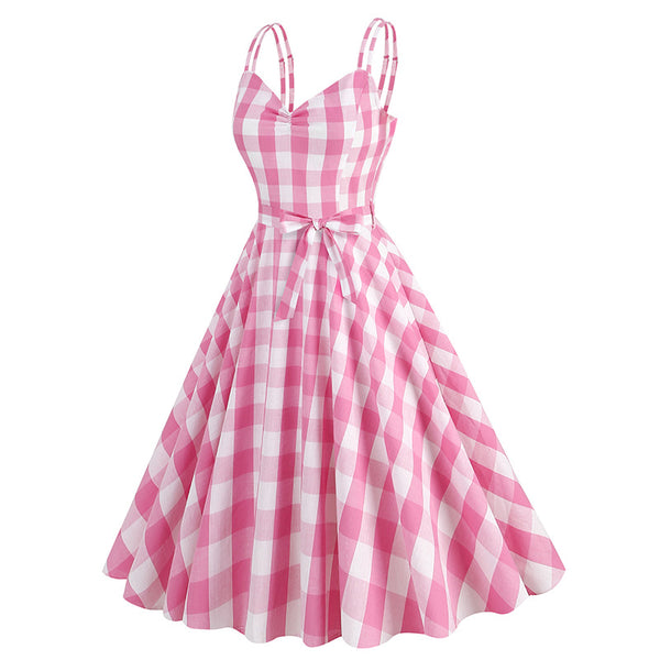 Hepburn Style British Lattice Vintage Belt Barbie Pink Women's Dress-Lady Dresses-Zishirts