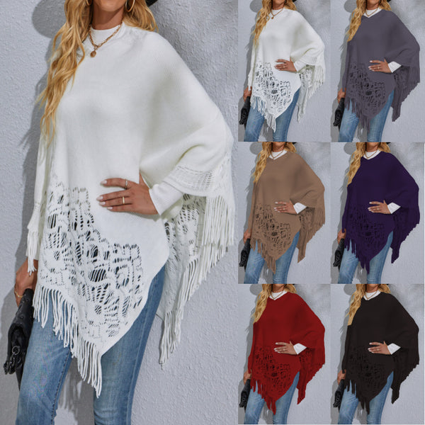 Women's Mid-length Lace Tassel Shawl Sweater-Sweaters-Zishirts