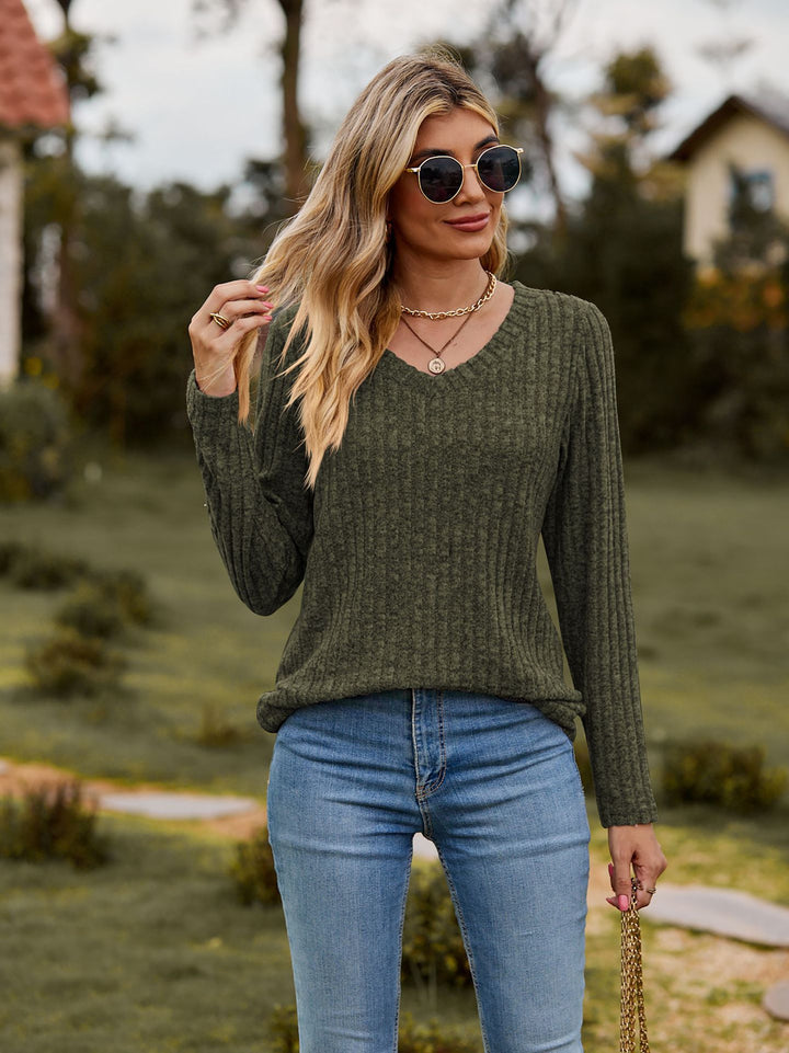V-neck Brushed Sunken Stripe Solid Color Top Long Sleeve-Sweaters-Zishirts