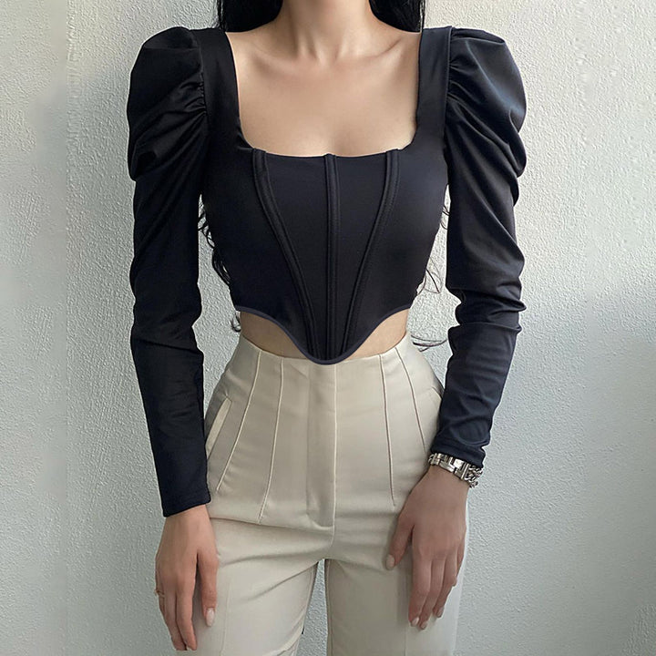 Collar Pure Desire Long Sleeve Sexy Puff Sleeve Fishbone Waist Short Top-Blouses & Shirts-Zishirts