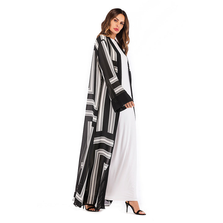 Muslim Stripe Loose Lace Cardigan Robe Female-Jackets-Zishirts