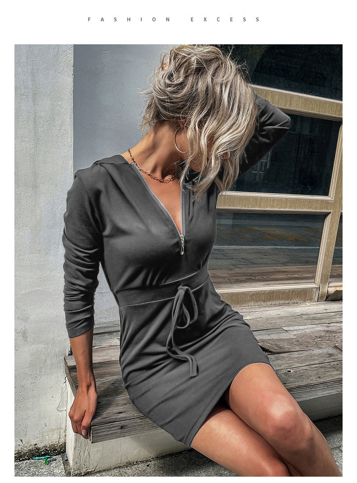 European And American Hooded Sweater Dress Slim-fit Sheath-Lady Dresses-Zishirts