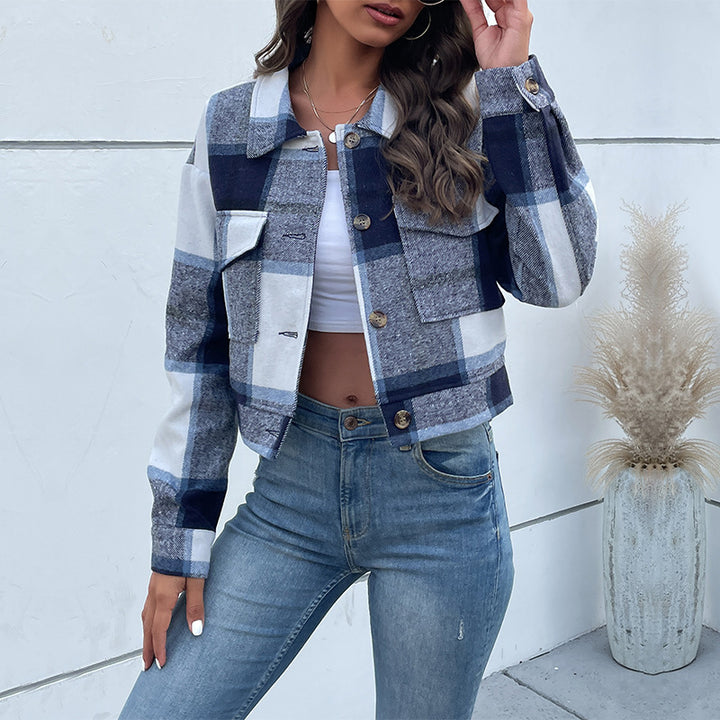 Plaid Lapel Cropped Jacket With Pockets Fashion Button Long Sleeve Short Outwear Tops Coat For Womens Clothing-Jackets-Zishirts