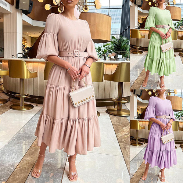 Women's Graceful Puff Sleeve Ruffled Dress-Lady Dresses-Zishirts