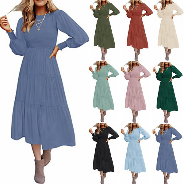 Long Sleeve Pleating Layered Short Sleeve Large Swing Dress-Lady Dresses-Zishirts