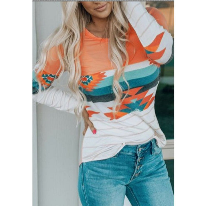Women's Printed Round Neck Knitted Long-sleeved Top T-shirt-Blouses & Shirts-Zishirts