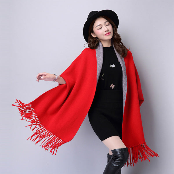 Ladies Shawl Cardigan Tassel Cape Sweater Coat-Scarves & Wraps-Zishirts