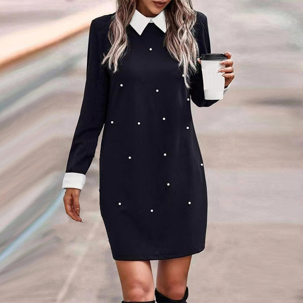 Elegant Lapel Long Sleeve Stitching Contrast Color Beaded Dress-Lady Dresses-Zishirts