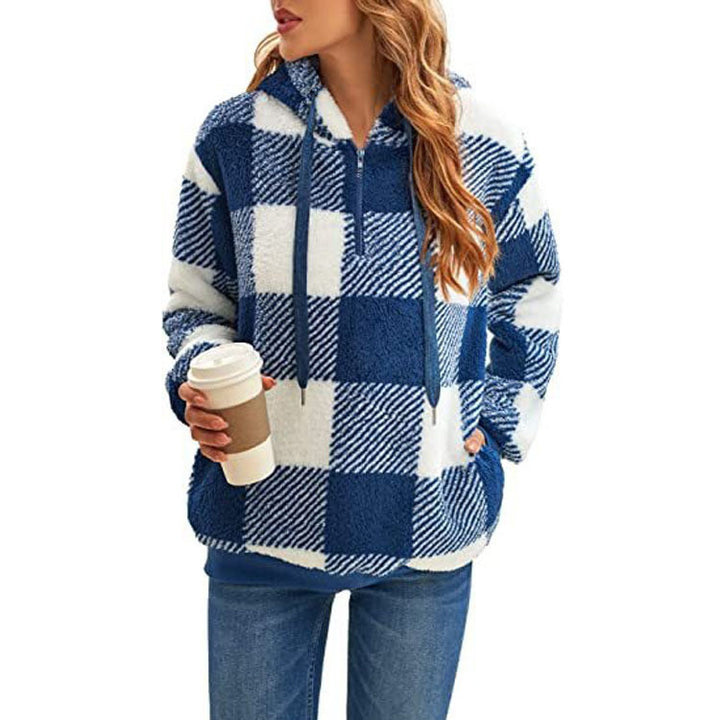 Fashion Plaid Hooded Sweatshirt With Pockets Casual Zipper Plush Tops For Womens Clothing-Jackets-Zishirts