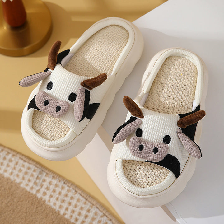 Cute Cartoon Cow Frog Slippers Linen Non-slip Shoes Indoor Garden Home Slippers-Womens Footwear-Zishirts