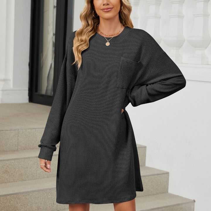 Round Neck Striped Pocket Loose Long Sleeve Dress-Lady Dresses-Zishirts