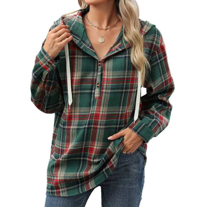 Fashion Plaid Print Hooded Sweatshirt With Button Loose Long Sleeve Hoodies Leisure Sports Top For Womens Clothing-Jackets-Zishirts