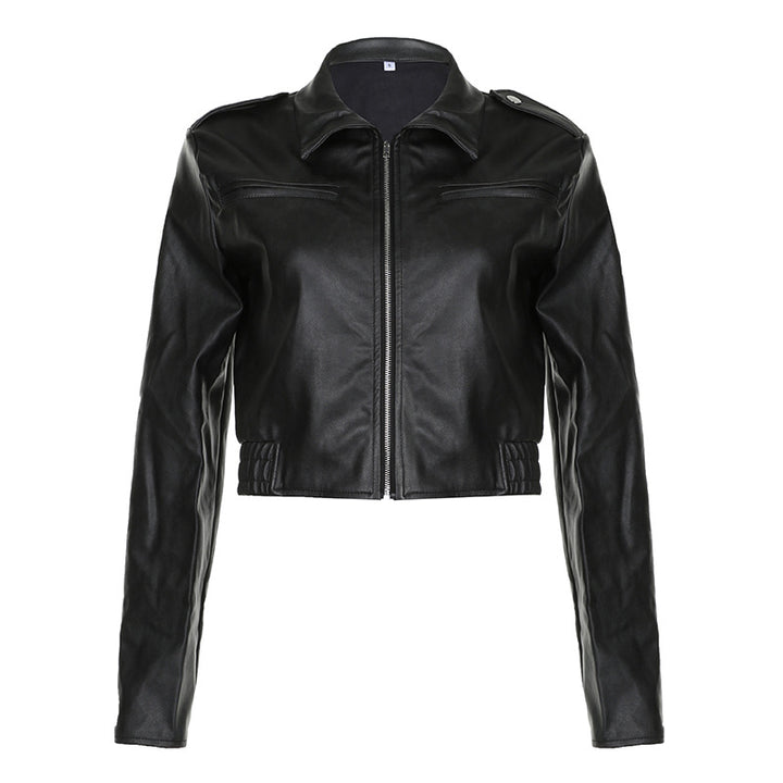 Solid Color Zipper Small Loose Lapels Fashion American Leather Coat Women's-Jackets-Zishirts