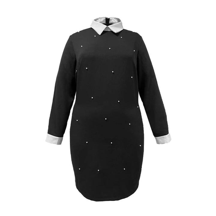 Elegant Lapel Long Sleeve Stitching Contrast Color Beaded Dress-Lady Dresses-Zishirts