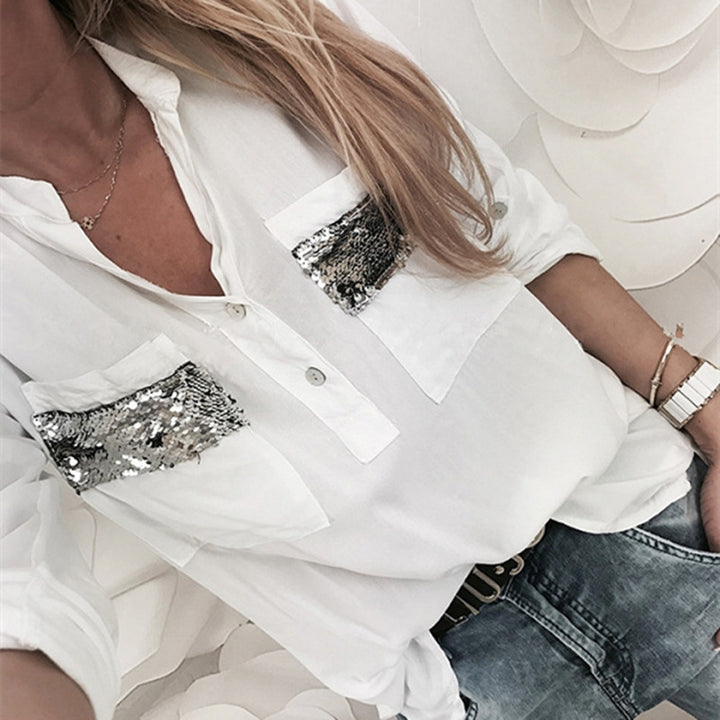 Solid Color And V-neck Sequined Pocket Shirt Loose Long Sleeve Shirt-Blouses & Shirts-Zishirts