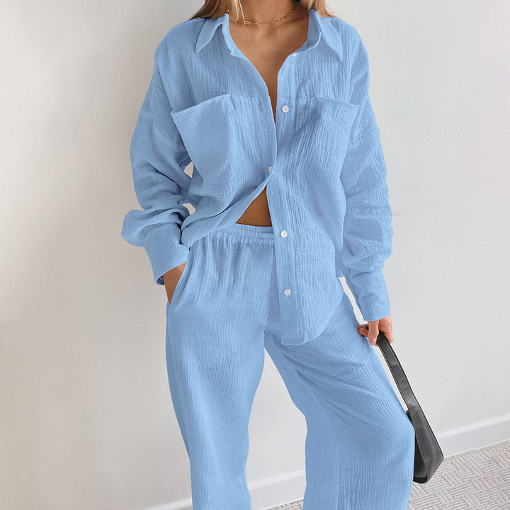 Women's Loose Casual Long Sleeves Shirt High Waist Straight Pants Suit-Suits & Sets-Zishirts