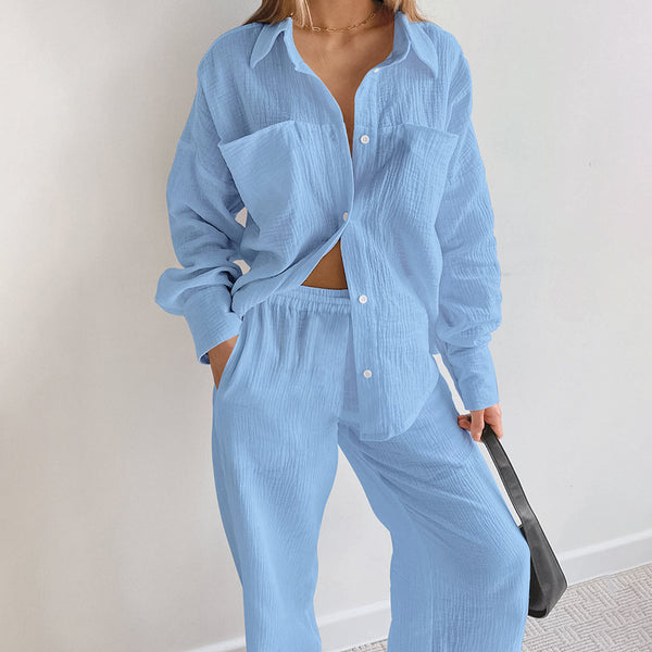 Women's Loose Casual Long Sleeves Shirt High Waist Straight Pants Suit-Suits & Sets-Zishirts