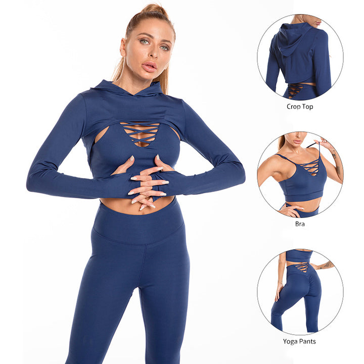 3pcs Sports Suits Long Sleeve Hooded Top Hollow Design Camisole And Butt Lifting High Waist Seamless Fitness Leggings Sports Gym Outfits Clothing-Women's Outerwear 2023-Zishirts