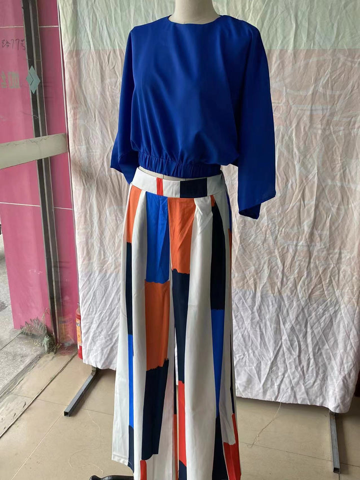 Blue Top High Waist Wide Leg Pants Suit-Suits & Sets-Zishirts