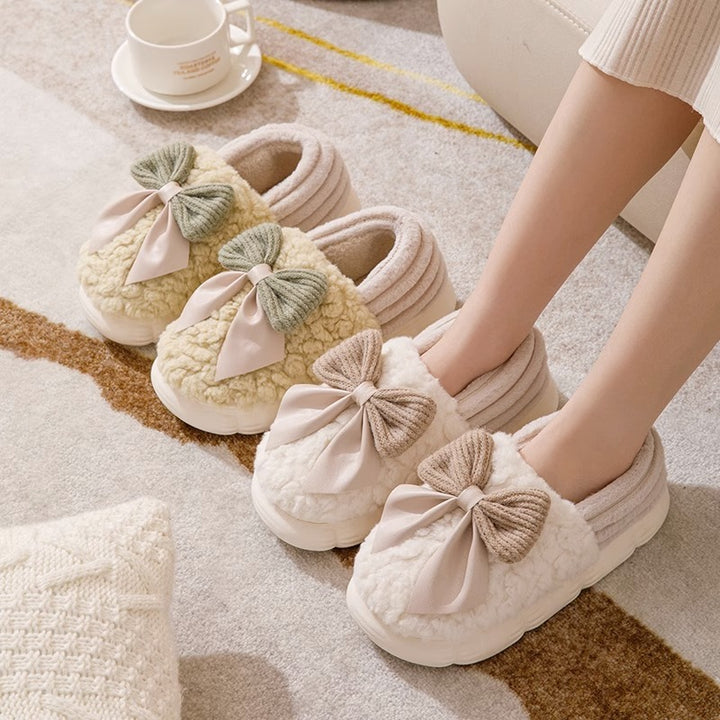 Big Bow-knot Fluffy Slippers Winter Warm Covered Heel Cotton Shoes Fashion Thick-soled Platform Slippers Indoor And Outdoor Garden Walking Shoes-Womens Footwear-Zishirts