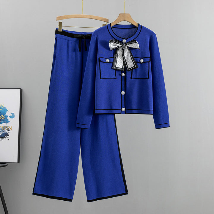 Women's Fashion Business Knitted Cardigan Wide-leg Pants Two-piece Set-Suits & Sets-Zishirts