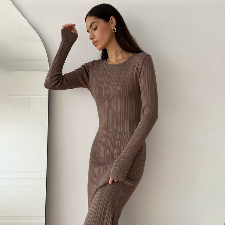 Sunken Stripe Waist-tight Hip Knitwear Dress Long Sleeve-Lady Dresses-Zishirts