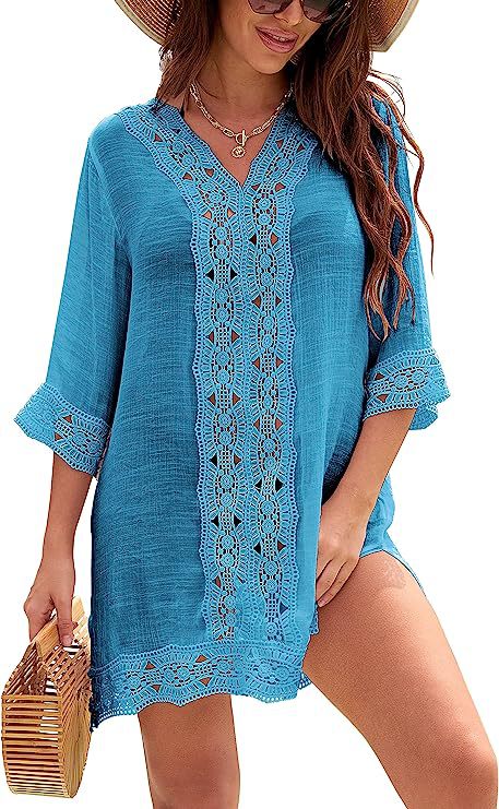 Summer Fashion Casual V-neck Lace Sun Protective Blouse Beach Dress-Suits & Sets-Zishirts