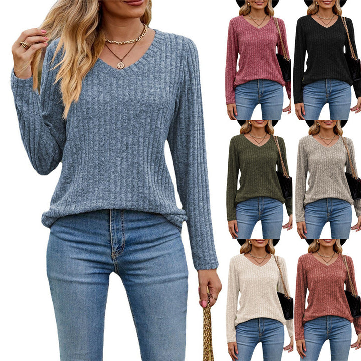 V-neck Brushed Sunken Stripe Solid Color Top Long Sleeve-Sweaters-Zishirts