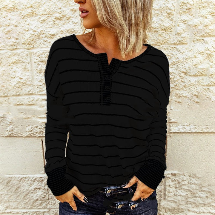 Fashion Knitted Striped Button Long-sleeved Women-Sweaters-Zishirts