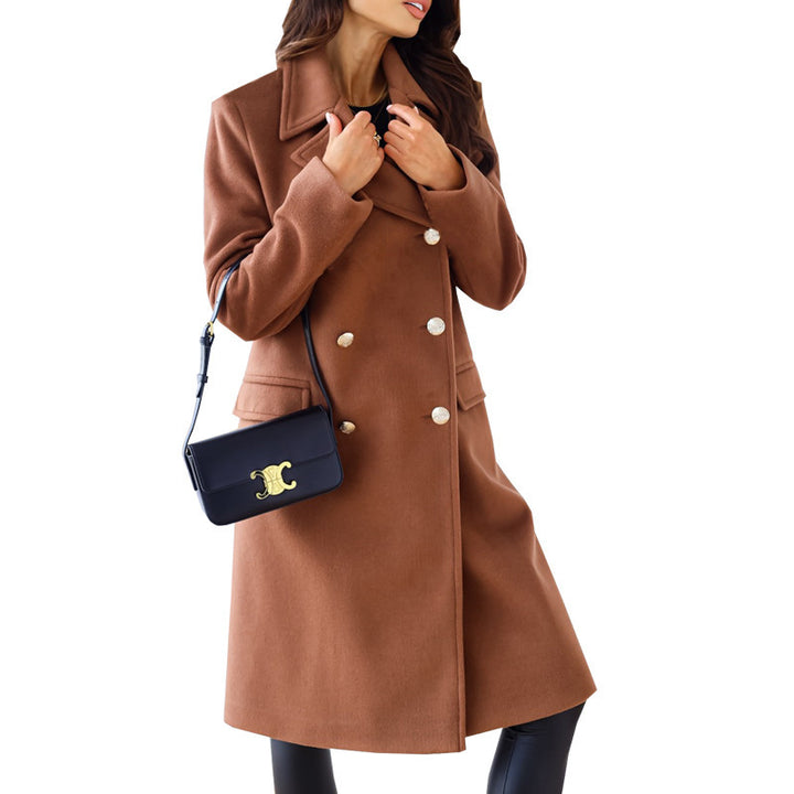 Women's New Simple Long Sleeve Lapel Double Breasted Woolen Coat-Jackets-Zishirts