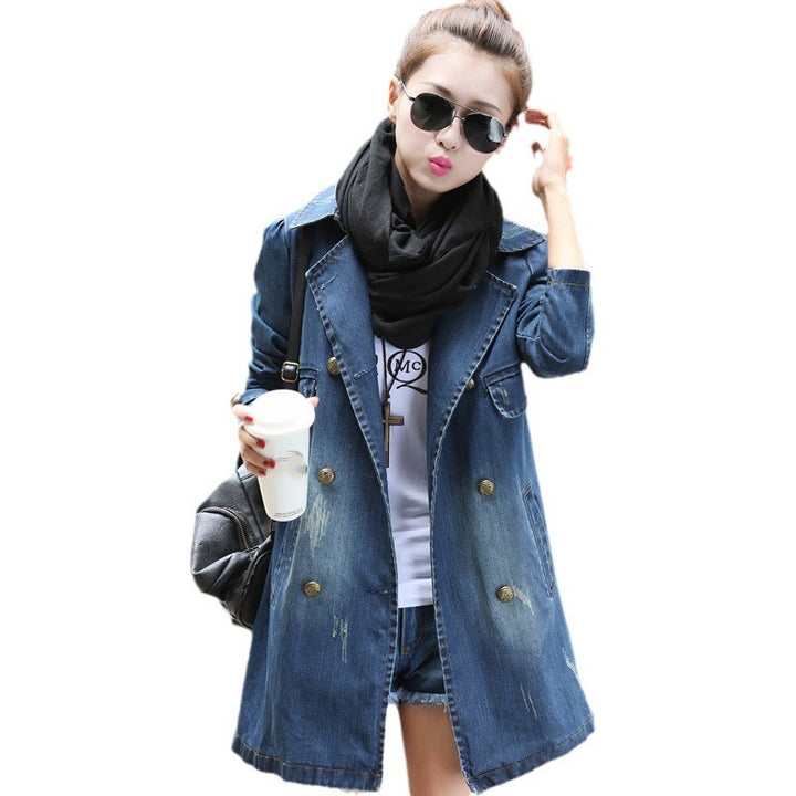 Denim Jacket Women's Mid-length Casual Double-breasted-Jackets-Zishirts