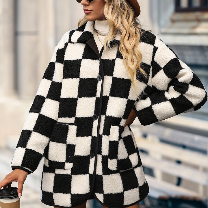 Mid-length Plush Hooded Chessboard Plaid Coat-Women's Outerwear 2023-Zishirts