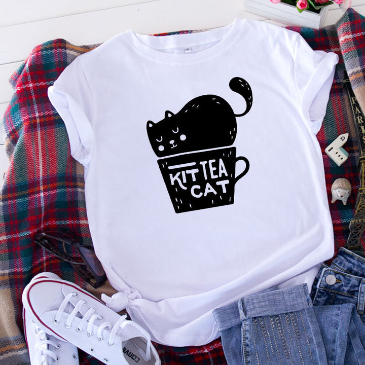 Casual KIT TEA CAT Printed Round Neck Plus Size Short Sleeve-Blouses & Shirts-Zishirts