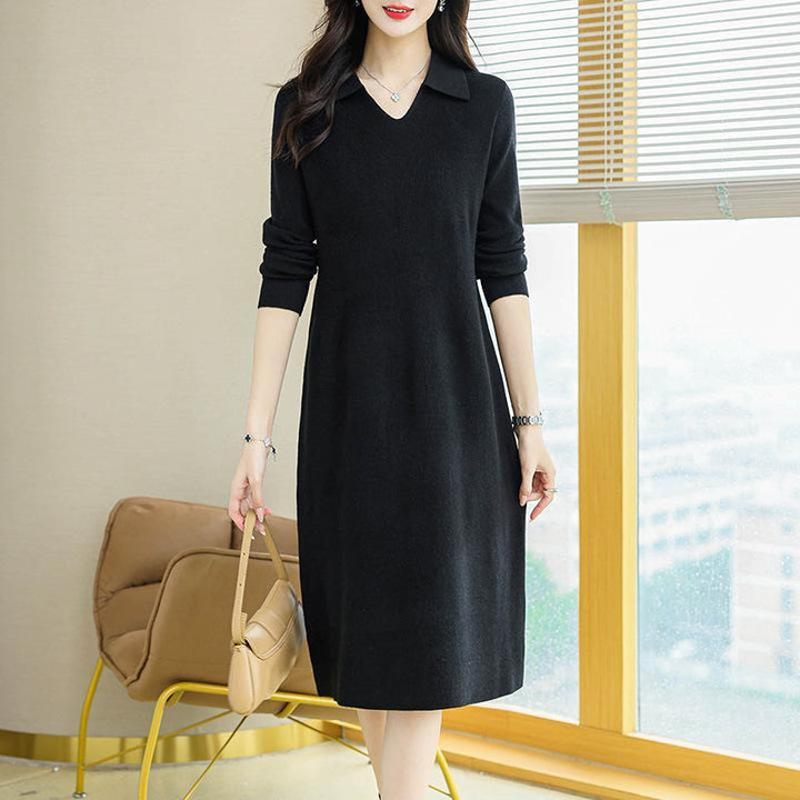 Lapel Knitted Dress Women's Clothing-Lady Dresses-Zishirts