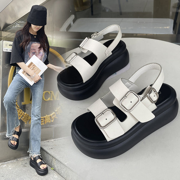 Women's Platform Sandals With Belt Buckle-Womens Footwear-Zishirts