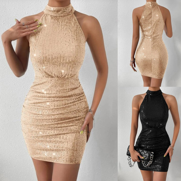 European And American Style Women Halter Pleated Sequins Tight Dress-Lady Dresses-Zishirts