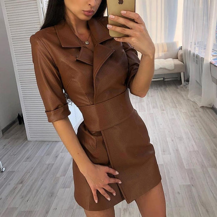 Solid Color PU Leather Suit Collar Medium Long Sleeve Women's Dress Leather Coat Belted-Suits & Sets-Zishirts