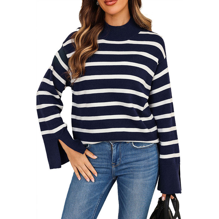 Striped Turtleneck Sweater Women's Cuffs-Women's Outerwear 2023-Zishirts