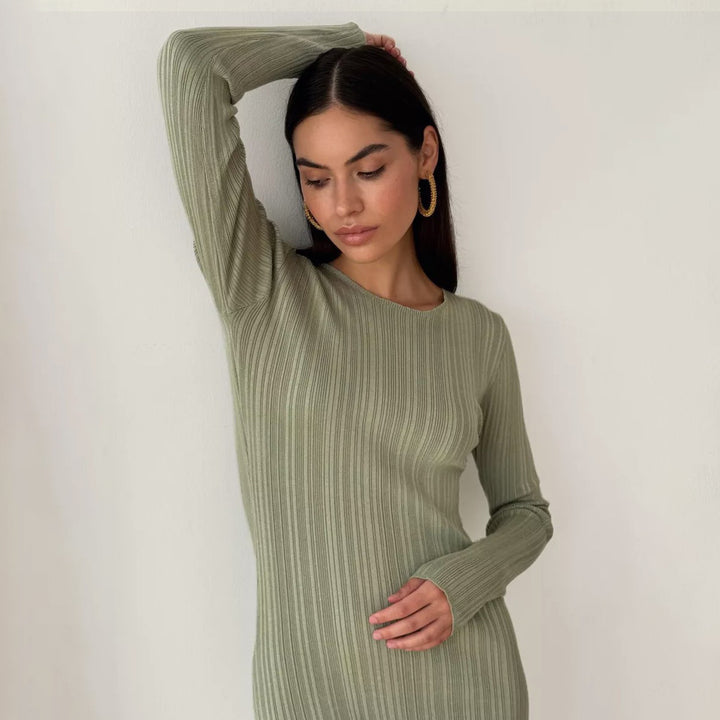 Sunken Stripe Waist-tight Hip Knitwear Dress Long Sleeve-Lady Dresses-Zishirts