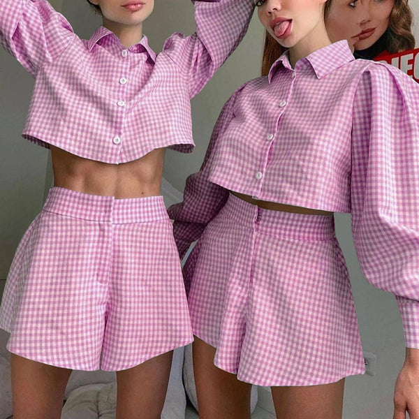 Women's Fashion Casual Plaid Shirt Shorts Set-Suits & Sets-Zishirts