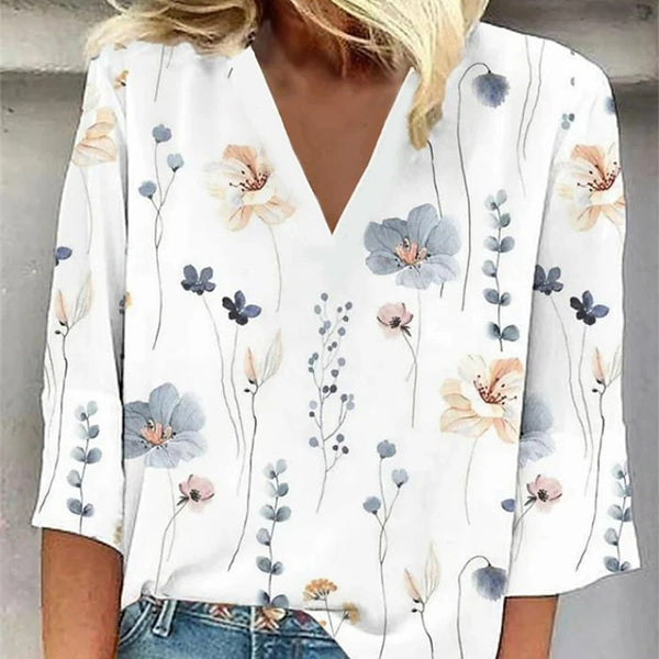 Casual Printed Loose V-neck Women's Top-Blouses & Shirts-Zishirts