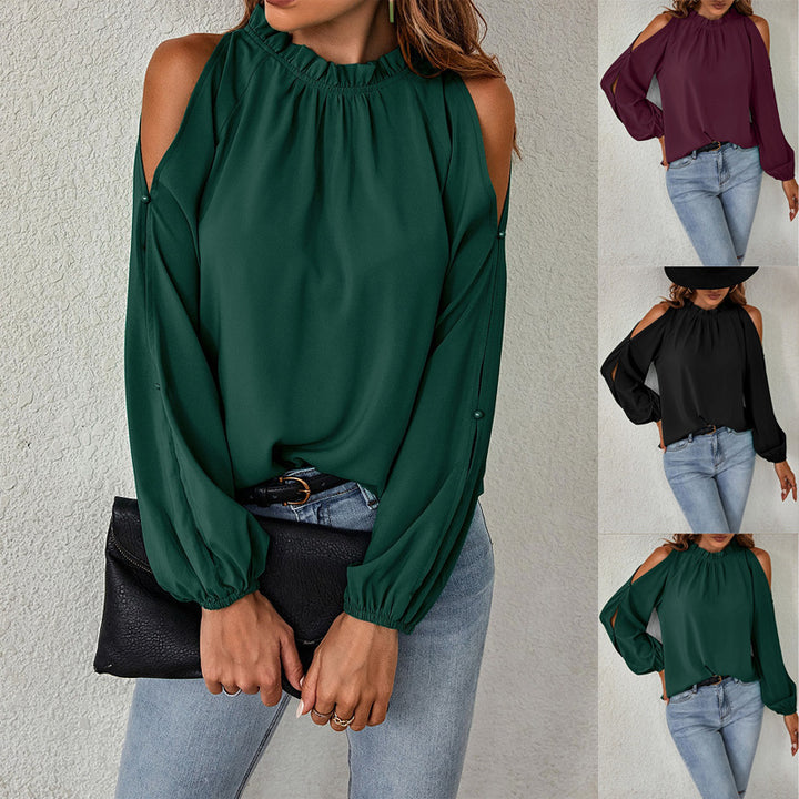 Ruffle Round Neck Long Sleeve Pleated Off-shoulder Top-Blouses & Shirts-Zishirts