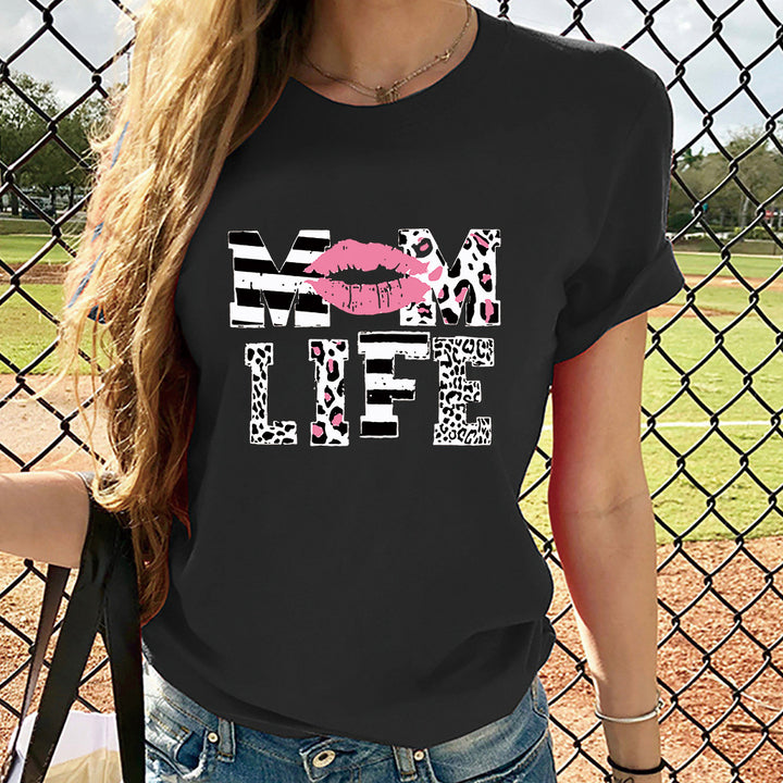 Mother's Day MOM LIFE Leopard Print Lip Printings Round Neck Short Sleeve T-shirt-Blouses & Shirts-Zishirts