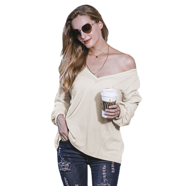 European And American V-neck Pullover Solid Color Stitching Women's Base Shirt Top-Women's Outerwear 2023-Zishirts