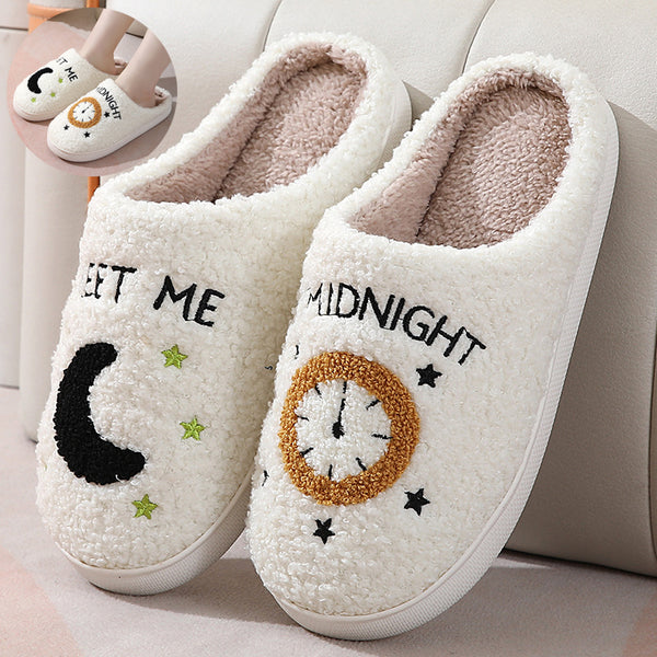 Moon And Clock Print Slipper Winter Warm Home Shoes Cute Bedroom Slippers-Womens Footwear-Zishirts