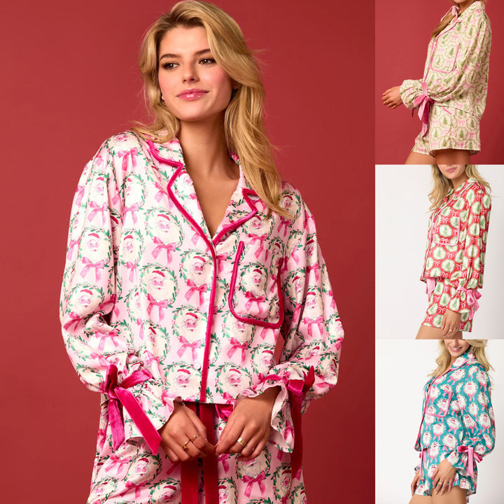 2 Pcs Women's Christmas Pajama Set Santa Tree Print Lapel Neck Button-up Long Sleeve Tops Shorts Loungewear Outfit-Suits & Sets-Zishirts