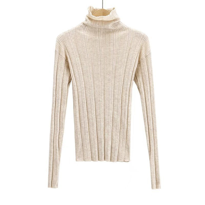 Spring Pile Collar European And American Simple Style Slim Fit Sunken Stripe Turtleneck Long Sleeve Bottoming Sweater-Women's Outerwear 2023-Zishirts