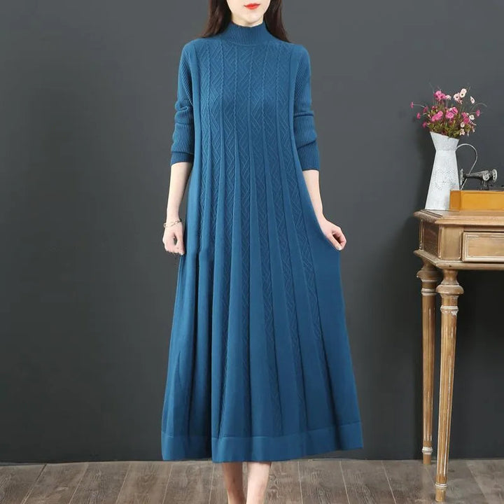 Women's Loose Solid Color Sweater Pleated Dress-Lady Dresses-Zishirts