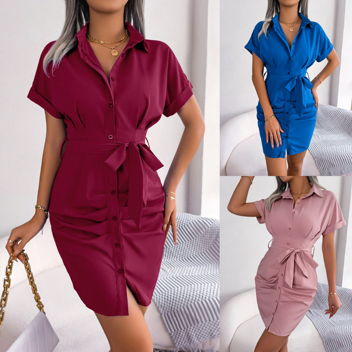 Women's Casual Solid Color Batwing Sleeve Waist-tight Folding Shirt Dress-Lady Dresses-Zishirts